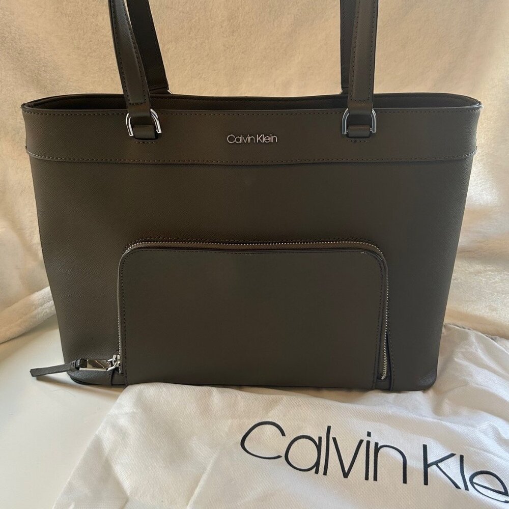 CALVIN KLEIN Louise Saffiano Leather Olive Green Tote Bag